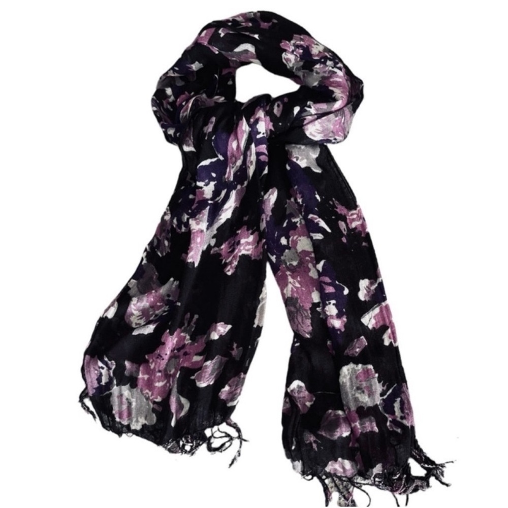 Oblong Floral Scarf Wrap Black Purple